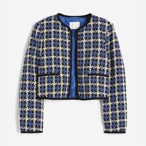 Cropped Blazer. Textured Weave Jacket- Blue Patterned